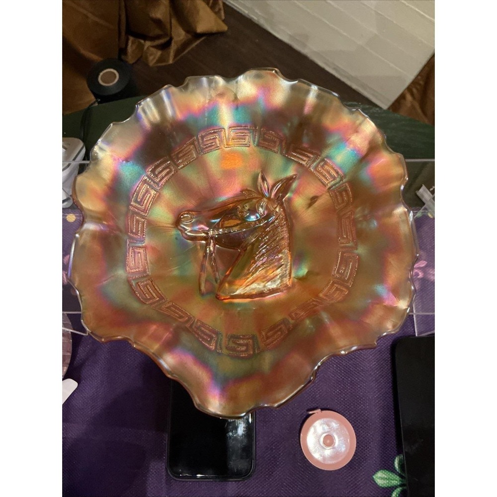 Vintage 9" Fenton Marigold Carnival Glass Horse Head Medallion Bowl